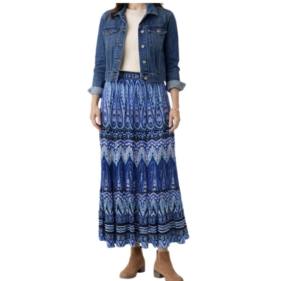 St John's Bay Dresses & Skirts - Saint John’s Bay Maxi Skirt Blue Geometric Design Pull On Boho Size PS